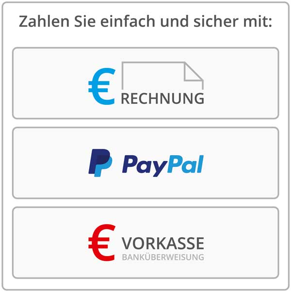 Sie können im Schwarzdrucker Shop wie folgt bezahlen: Rechnung, Vorkasse mit Skonto und Paypal.